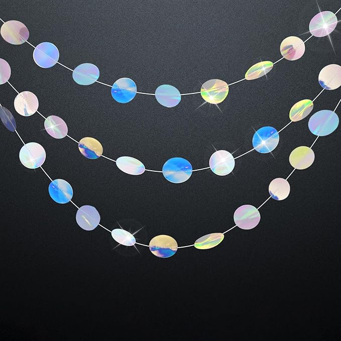 GCQQ 52Ft Iridescent Party Decorations Holographic Circle Garlands Sparkly Iridescent Hanging Streamers Garland for Mermaid Disco Bachelorette Birthday Party Decorations