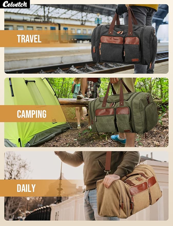 Canvas Duffle Bag for Travel 50L Expandable Travel Duffel Bags for Men Women Overnight Weekend Gym Bag with Shoes Compartment - Army Green