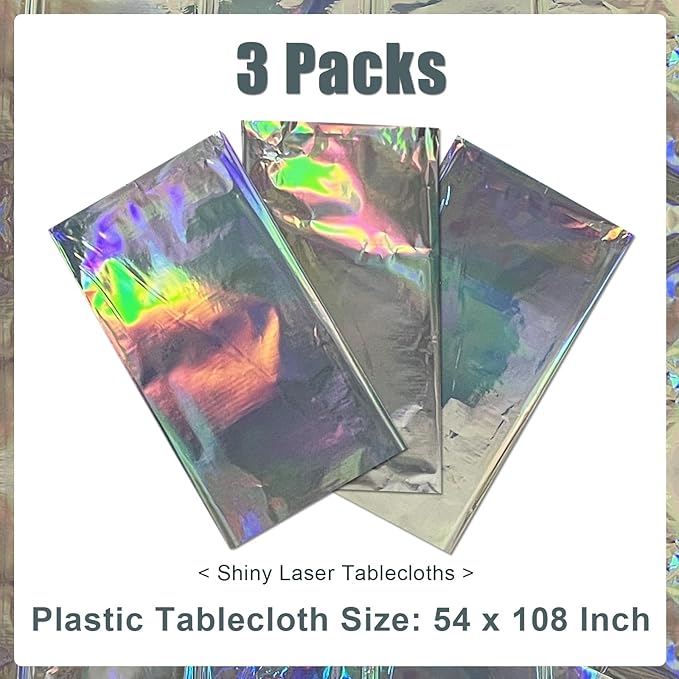 3 Packs Iridescent Plastic Tablecloths 54 x 108 Inch Shiny Disposable Laser Rectangle Table Covers Holographic Foil Table Cloths for Disco Ball Decor Carnivals Parties
