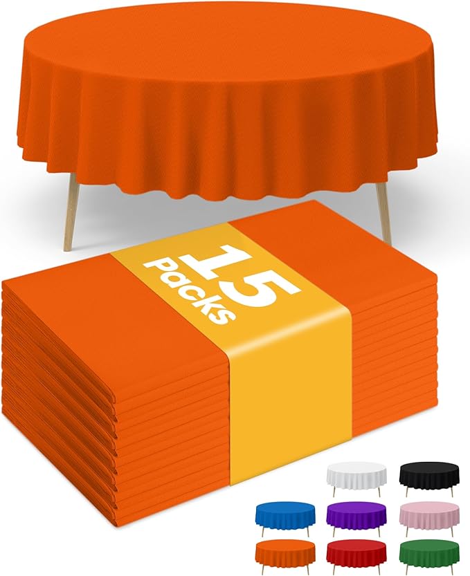 Orange Plastic Table Cloth Round Table 15 Pack, 84'' Tablecloth for Round Tables, Table Cloth for Disposable Use, Table Cover for Holiday Party, Gathering