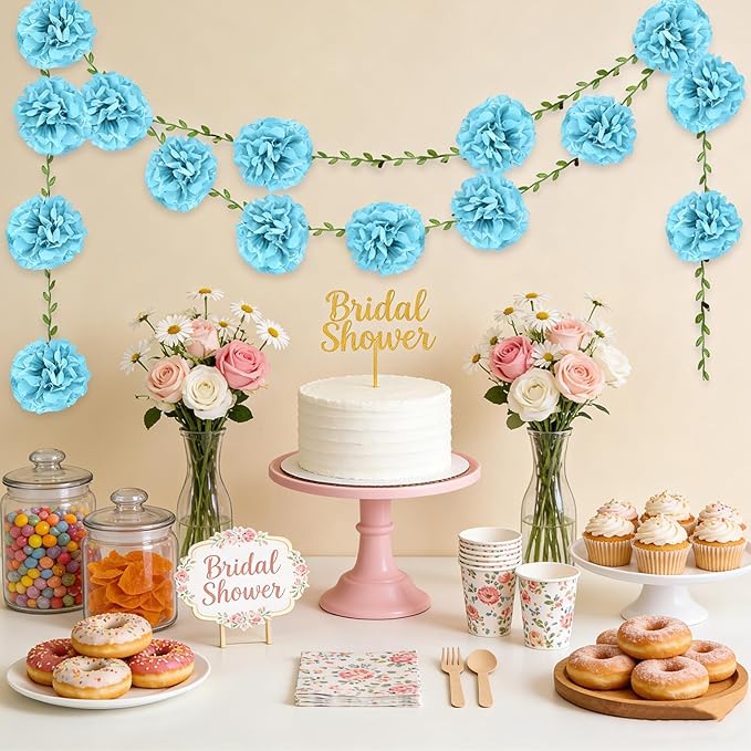 Blue Flower Garland for Backdrop - 2 Pcs Hanging Artificial Floral Garlands for Room Wall Table Home Decor, 8.2 Ft Faux Paper Flower Vines for Garden Wedding Arch Party Decoration