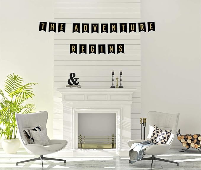 Andaz Press Faux Gold Glitter on Black Funny Retirement Party Banner Decorations, The Adventure Begins, Approx 5-Feet, 1-Set, Birthday Wedding Baby Shower Colored Hanging Pennant Decor