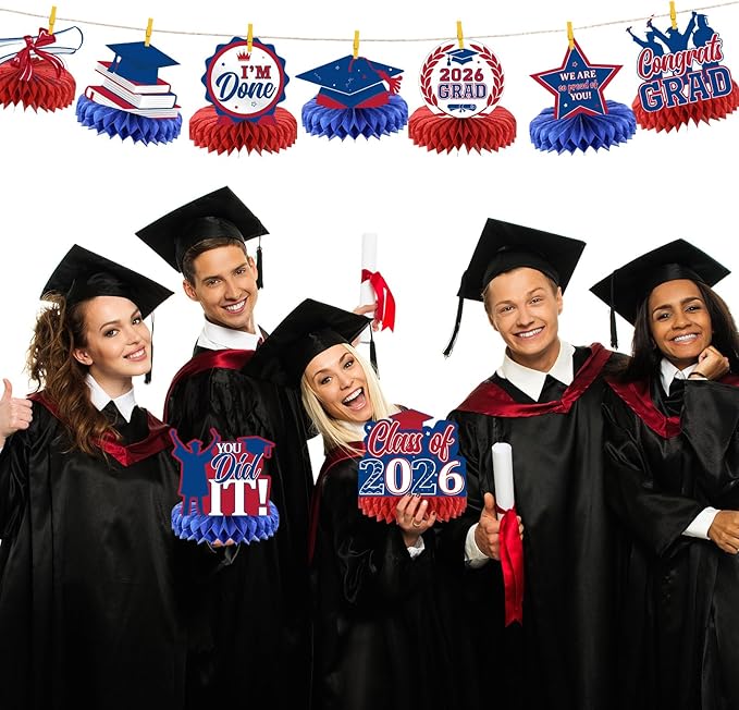 Yisong 9 Pieces 2026 Graduation Party Table Decorations Class of 2026 Congrats Graduation Centerpieces for Tables Congratulate Honeycomb Centerpiece Topper for Grad Party Supplies (Blue, Red)