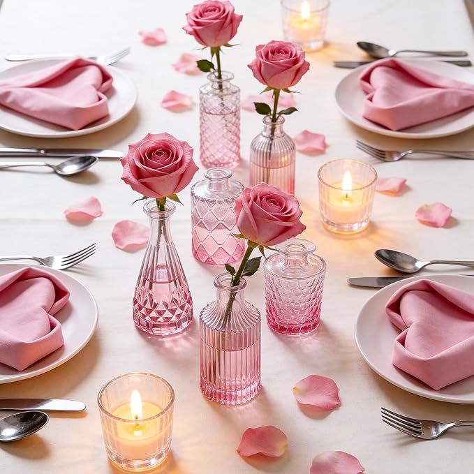 Glass Pink Bud Vases Set of 12, Mini Flower Valentine Vase for Centerpieces, Small Vases in Bulk for Wedding Decorations, Vintage Vase for Table, Home Décor