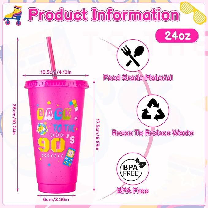 12 Pcs 90s Party Cups with Lids and Straws, 24OZ 90s Theme Party Decorations Drinking Cups Bulk for Retro Music Party Supplies Throwback Dance Birthday Party Supplies