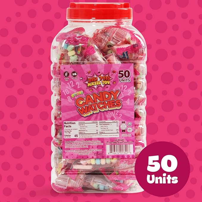 50 Candy Watches Party Favors for Kids - Bulk 50 Count of Pink Individually Wrapped Candy Bracelets with Colorful Fruit Flavor - Stretchable, Edible, Fruity Flavor Rainbow Candies for Party Favor Supplies
