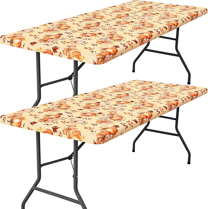 Smiry 2 Pack Rectangle Thanksgiving Table Cloth, Waterproof Elastic Fitted Tablecloths, Washable Polyester Rectangular Patio Table Cover for Autumn Harvest Parties (Pumpkin Leaf, 30"x48")
