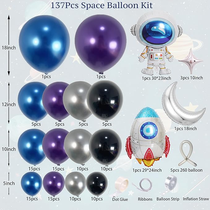 137Pcs Space Balloon Arch Garland Kit with Metallic Blue Purple Silver Black Rocket Astronaut Moon Star Balloons for Nasa Party Decor, Outer Space Party Supplies, Galaxy Theme Birthday