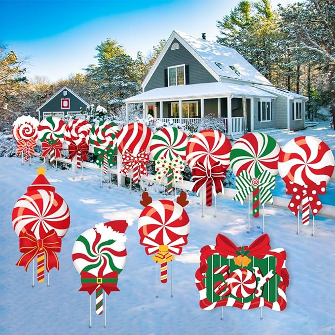 JOICEE Christmas Outdoor Yard Signs Candy Decorations, Peppermint Lollipop Candy Signs with Stakes for Holiday Party Home Lawn Pathway Decorations Supplies