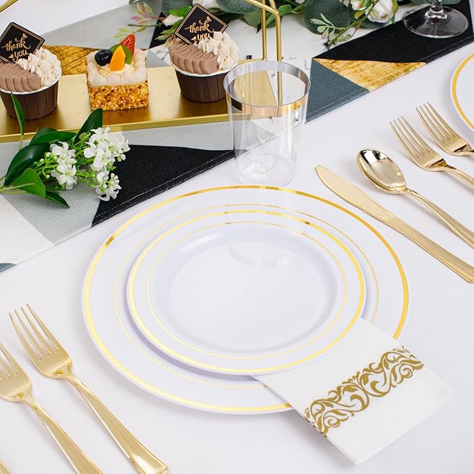 350 Pieces White and Gold Plastic Plates - 50 Guest Dinnerware Set Include 100 Plates, 50 Gold Plastic Silverware, 50 Paper Napkins and 50 Cups for Wedding Baby Shower Spring Birthday