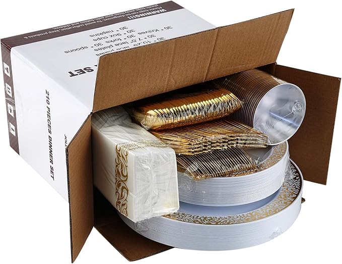 210 Count Gold Plastic Dinnerware, Gold Disposable Plates, Includes: 30 Dinner & 30 Dessert Plates & 30 Cups & 30 Paper Napkins & 30 Plastic Silverware Set -for Thanksgiving, Christmas, Parties