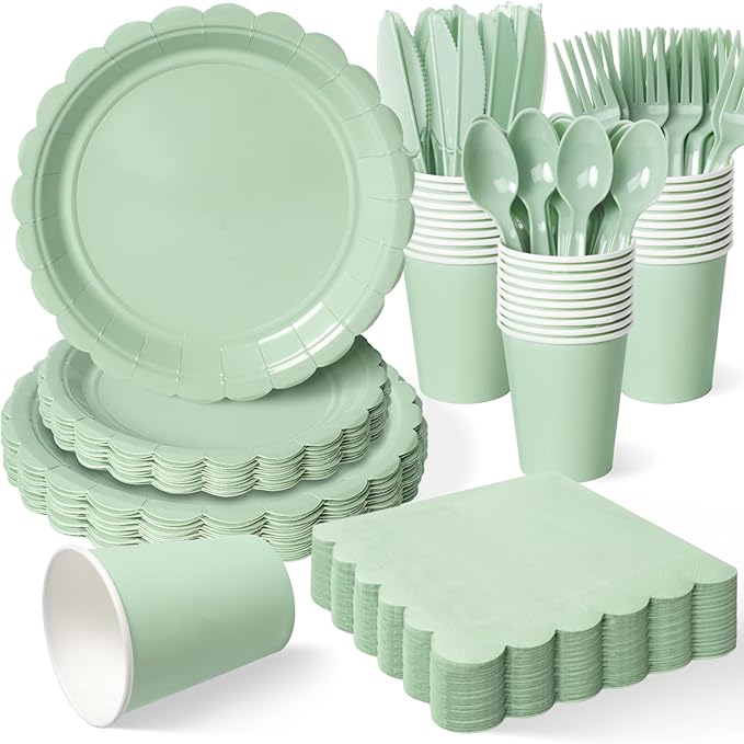 Vyntra 350 Pcs Sage Green Birthday Paper Plates and Napkins Set for 50 Guests, Disposable Party Supplies