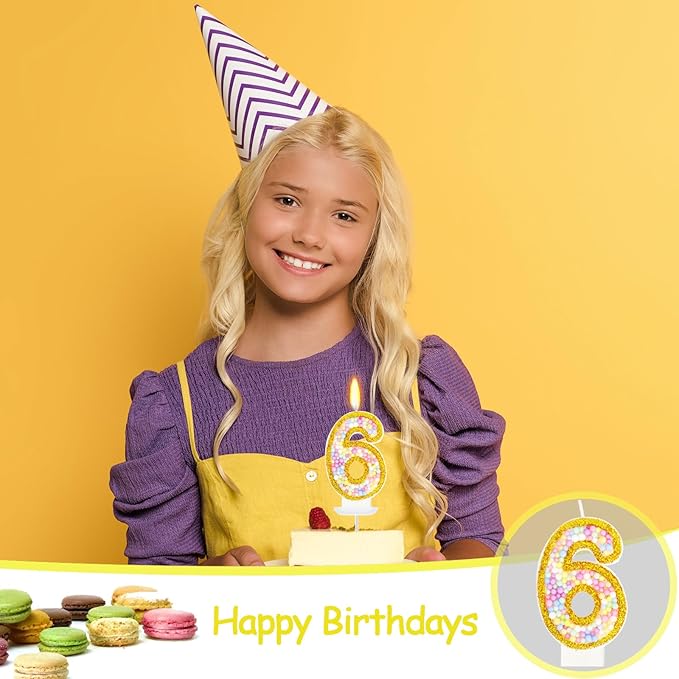6th Birthday Candle for Cake, Colorful Macaron Numeral Candles for Girls/Boys, Birthday Party Cake Decorations, Golden Cake Topper for Birthday Party Supplies (Number 6)