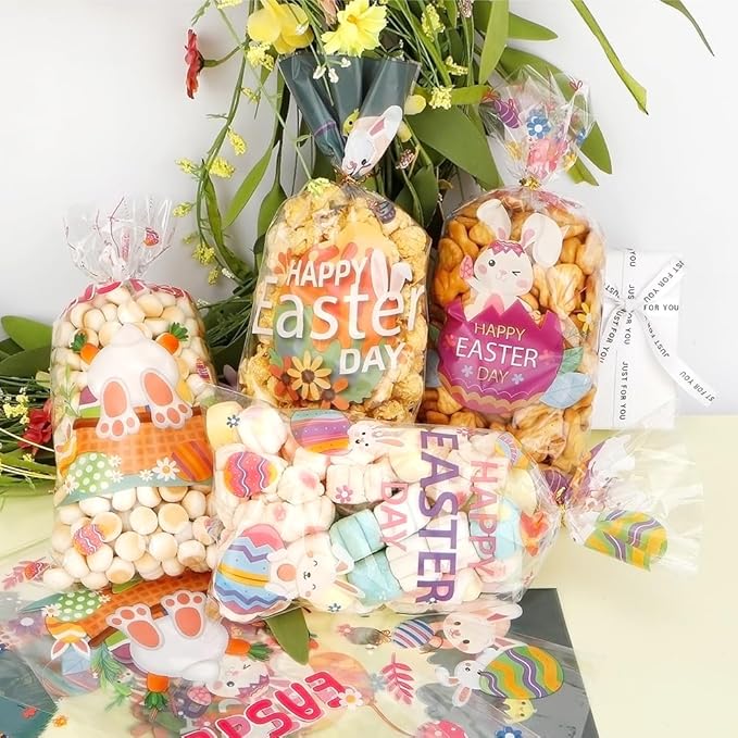 Easter Goodie Bags, 100 PCS Easter Cellophane Treat Bags, Easter Cookie Snack Candy Party Favor Ziplock Cookie Bags Holiday Candy Bags Easter Plastic Gift Bags for Gift Giving Easter Decorations