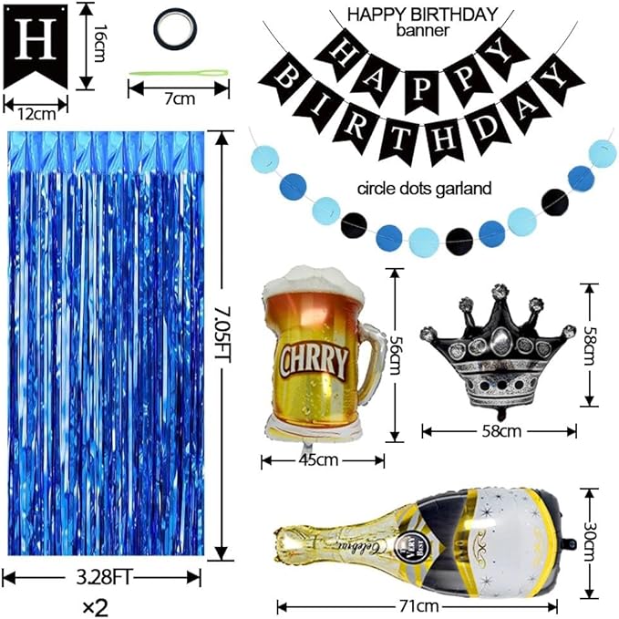 Blue Black Balloon Garland Double Stuffed Dark Royal Navy Blue Balloons Fringe Curtains, Foil Balloons, Birthday Banner Decorations for Men Birthday Baby Shower Father's Day Graduation Party Supplies