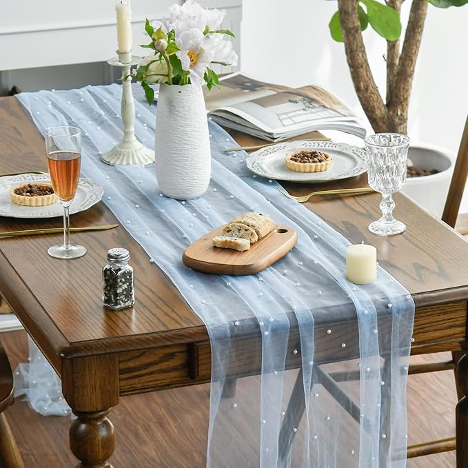 Artoid Mode 3PCS Pearl Blue Gauze Table Runner 120 Inch 10FT, Seasonal Sheer Dining Holiday Wedding Birthday Baby Shower Table Decor for Home Party
