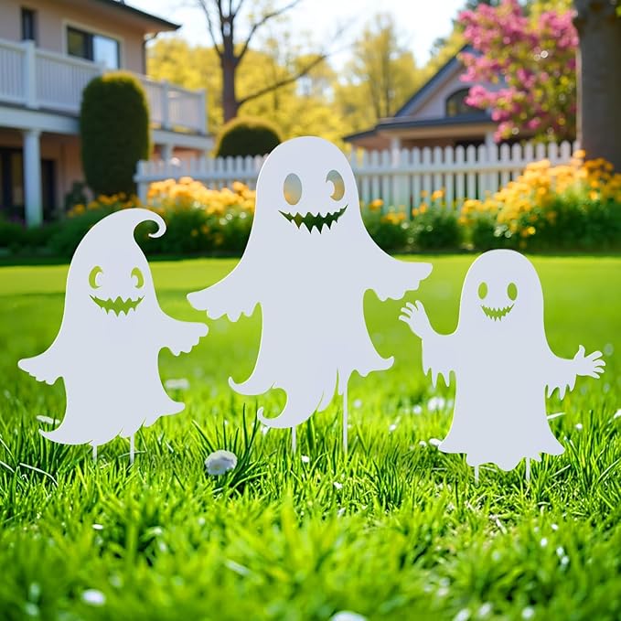 Halloween Decorations Ghost Metal Garden Stakes Decor for Outside Gifts for Women/Men,White Silhouette Statues Outdoor for Yard Art, Lawn, Backyard, Pathway, Patio Decorative Easter