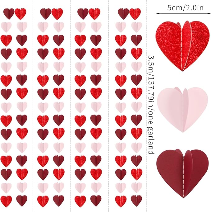 Valentines Day Pink Red Party-Decorations Heart-Garland - 39Ft 3D Burgundy Proposal Romantic Special Night Galentines Hanging Paper Streamers Banner,Engagement Wedding Baby Bridal Shower Decor Ouruola