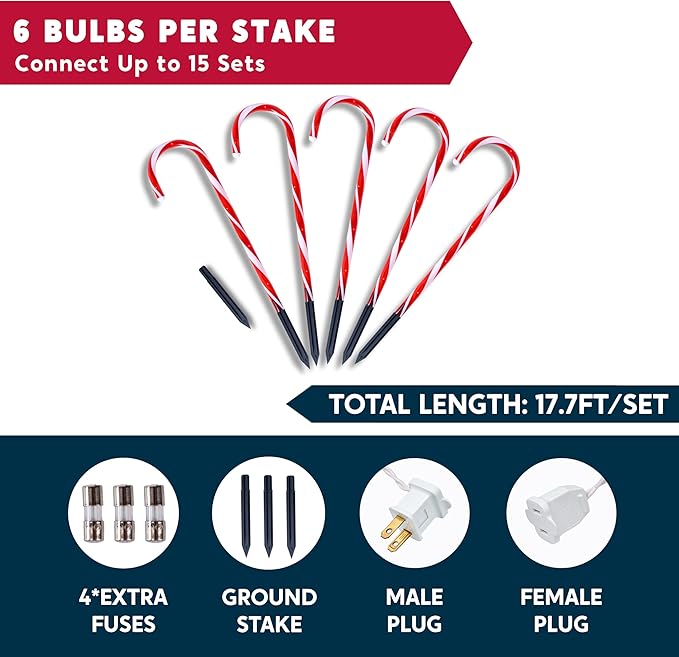 Joiedomi 12 Pcs Christmas Candy Cane Pathway Markers Lights, 16” Stakes Lights with Warm White, Waterproof Outdoor Decorations for Xmas Indoor and Outdoor Decorations Yard, Walkway, Lawn, Garden