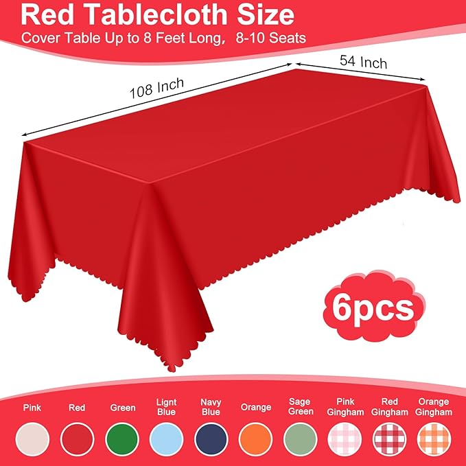 6 Pack Red Plastic Tablecloths, 54 x 108 Inch Valentine's Day Scalloped Tablecloth Disposable Red Table Cloths for Rectangle Tables Waterproof Table Covers for Anniversay Wedding Party