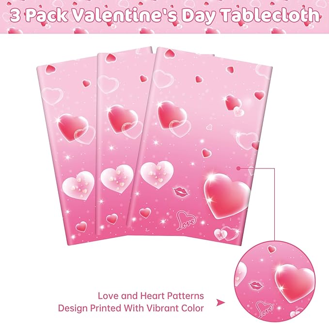 3 Pcs Valentines Day Tablecloth - Pink Heart Love Valentine Table Cloth Disposable, Plastic Rectangle Valentine's Table Cover for Valentine Day Wedding Anniversary Party Supply Tables Decor,108"x54"
