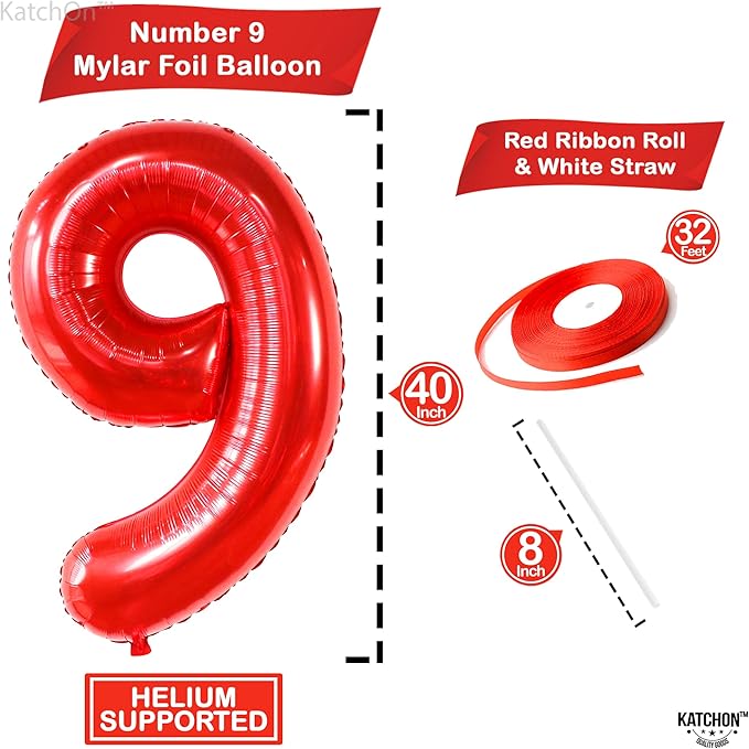 KatchOn, Giant Red Number 9 Balloon - 40 Inch | Red 9 Balloon | 9 Birthday Balloon for 9 Birthday Decorations | 9 Balloon for Birthday Party Decorations