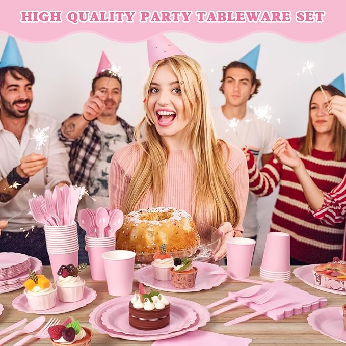 Vyntra 175 Pcs Pink Valentines Disposable Paper Plates and Napkins Set for 25, 9" Dinner Plates & 7" Dessert Plates, Tableware for Baby Shower, Bridal Shower, Birthday, Party