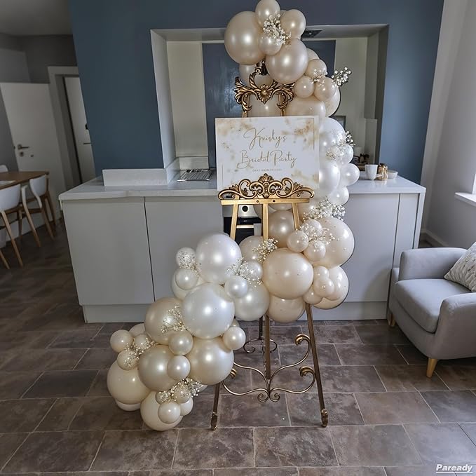 White Balloon Garland Arch Kit, 120pcs Sand White Balloon Arch Kit, Double Stuffed and Pearl Balloon with Black Long Balloons Different Sizes for Boho Birthday Wedding Baby Shower Party Decorations