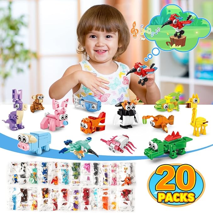 HOGOKIDS 20 Packs Party Favors for Kids, 60 Kinds of Mini Animals Toy Building Block Set for Easter Valentines Day Classroom Prizes Goodie Bag Stuffers Birthday Gifts for Boys Girls Ages 6-12+