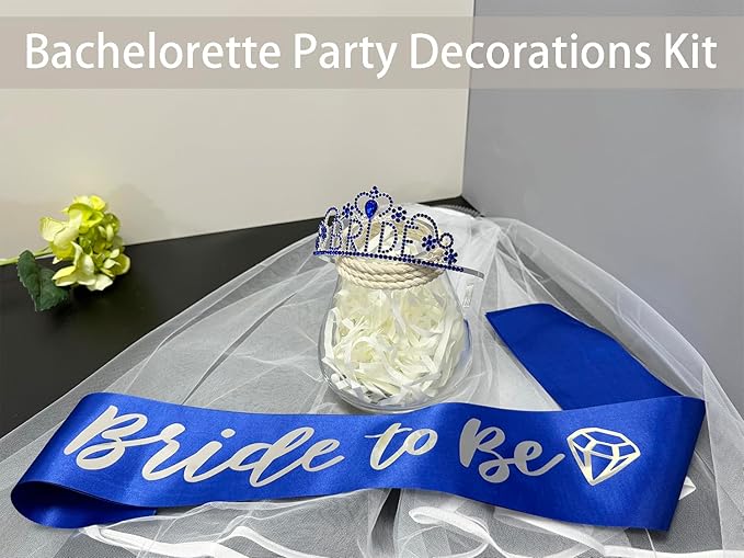 JETKONG 3 Pcs Bachelorette Party Decorations BRIDE Crown, Bride to Be Sash&Veil for Women Bachelorette Party Gifts, Bridal Shower Supplies, Gifts, Favors (Dark Blue)