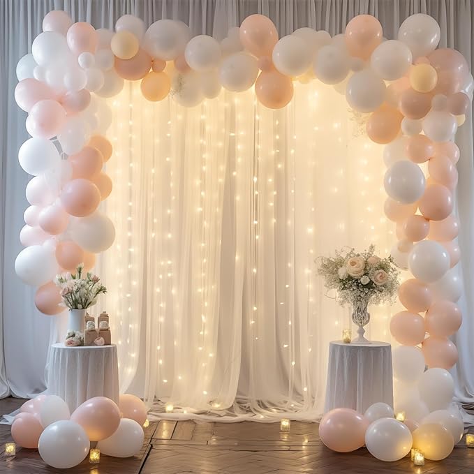 10ft x 8ft White Backdrop Curtains with Lights String for Parties, Sheer Tulle Wedding Photo Backdrops Drapes for Baby Shower Birthday Party Decorations Background for Photography
