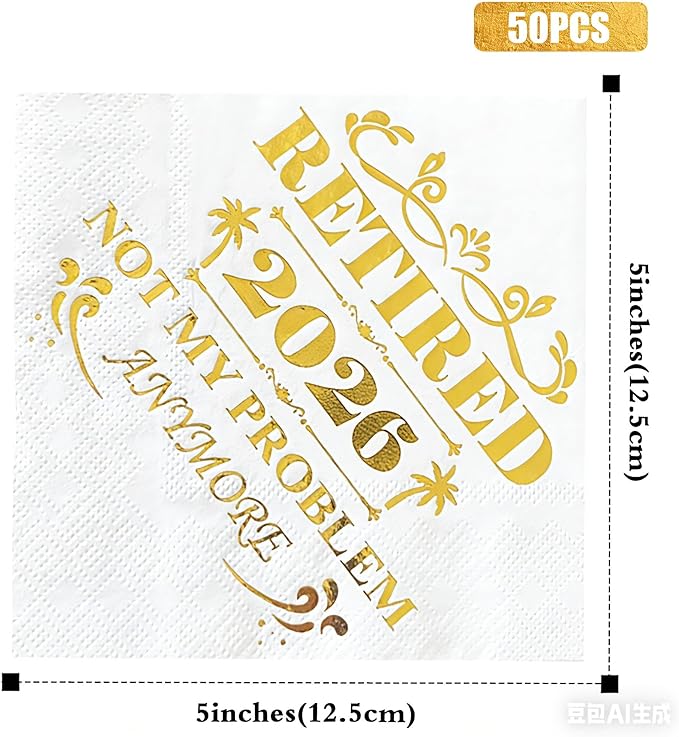 Retired 2026 Cocktail Napkins, 50 Pack 3-Ply Retirement Party Decorations Supplies, Gold Foil Disposable Napkins for Farewell,Coworker Goodbye & Going Away Celebration (5"x5")
