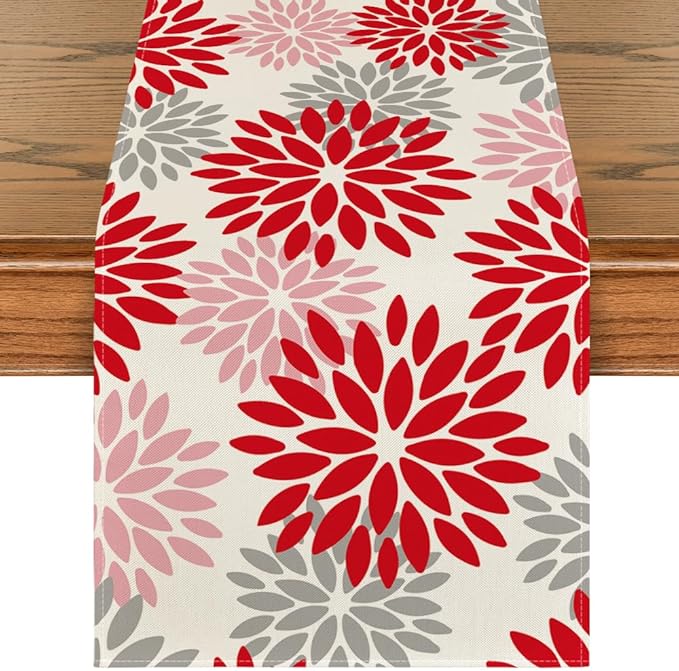 Artoid Mode Red Pink Dahlia Floral Pinnata Valentine Table Runner, Summer Kitchen Dining Table Decoration for Home Party Decor 13x72 Inch