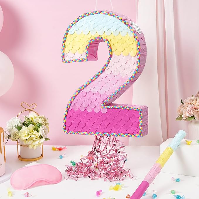 WERNNSAI Pink Sweet Two Piñata - Number 2 Piñata Happy Birthday Decoration Pink Rainbow Design Party Games for Girl Princess Baby Shower Party Favor with Blindfold Anniversary Celebration Supplies