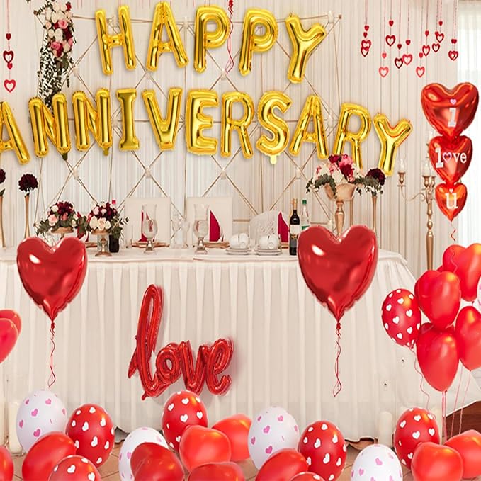 Happy Anniversary Decorations, Red Heart Balloons, Happy Anniversary Banner, Heart Hanging String, Rose Petals, Romantic Decor for Wedding, Valentines Day