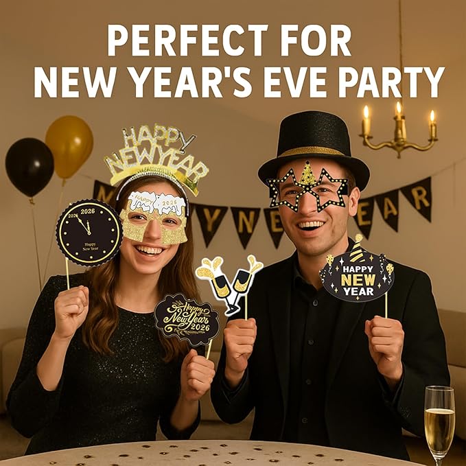 New Years Eve Party Supplies 2026 – 63 PCS Celebration Kit with Headbands, Crown Hats, Glasses, Noise Makers, Photo Booth Props & Wristbands – Gold Silver Happy New Year Decorations
