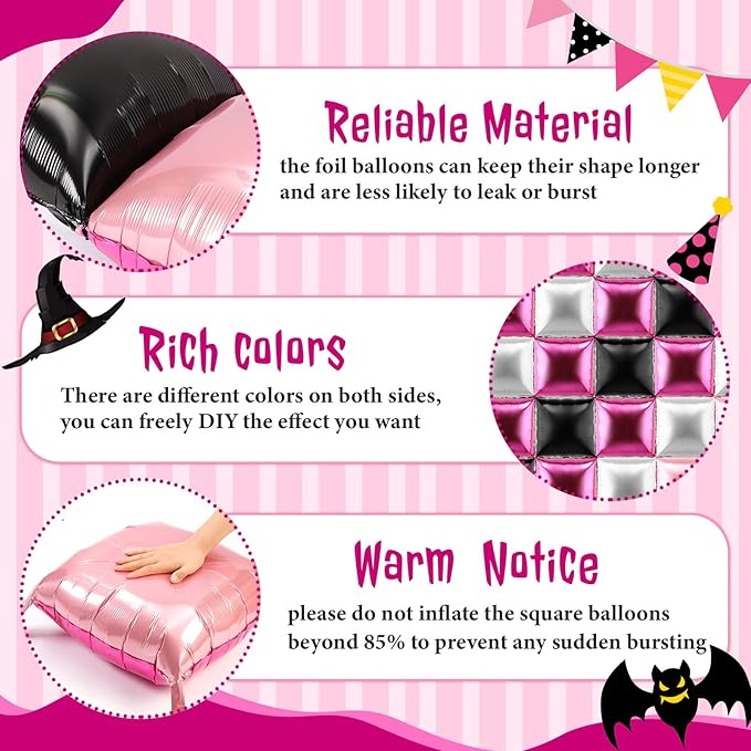 36 Pcs Black Pink Decorations Balloons Brick Square Foil Balloon Wall Backdrop Arch Kit Double Sided Metallic for Cartoon Video Game Birthday Party Supplies (Black Pink Silver)