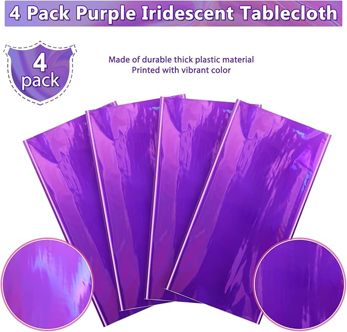 FunnyPars 4 Pack Iridescent Purple Plastic Tablecloths, Shiny Disposable Laser Rectangle Table Covers, Foil Tablecloth Iridescent Party Decorations for Kpop Birthday Bridal Wedding Decor, 54x108 Inch