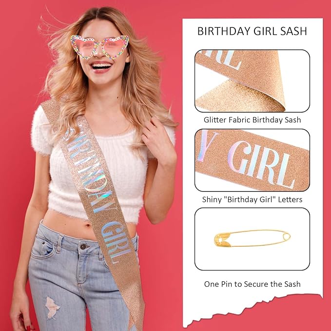 Birthday Girl Sash, Birthday Sash for Girls and Women with Birthdays Glasses Glitter Pink Birth day Decorations for Women Happy Birth day Sash for Birthday Party Supplies