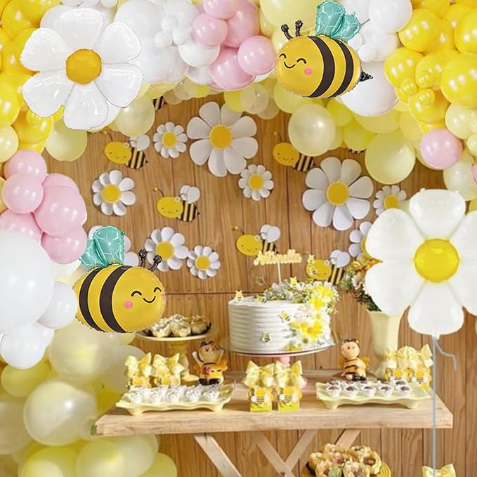Bee Balloons Garland Arch Kit 134 pcs yellow pestal pink balloon Arch with bee daisy balloons for Baby Shower Lemonade Birthday Honeybee Party Decor
