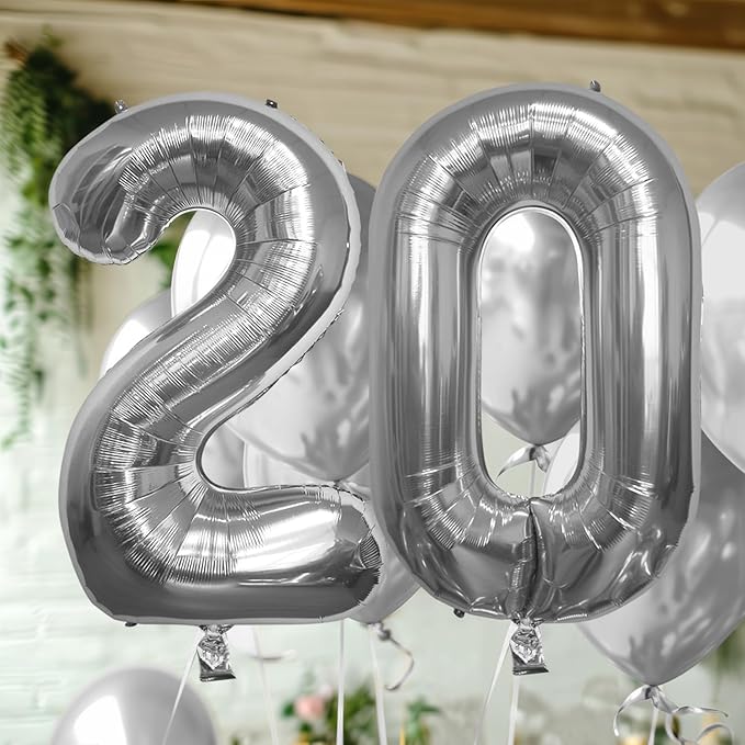40 Inch Large Number Celebration and Decoration Balloon for Birthday Parties, Graduations, Anniversaries, Weddings, Photo Shoots, Special Events - Helium Foil Mylar (Silver Number 20)