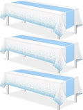 MASHAN 3Pcs White and Light Blue Tablecloth Party Decorations,Plastic White Table Cloth Printed Baby Blue Table Runner Disposable Rectangle Cover for Birthday Baby Shower Wedding Party,54 x108 Inch