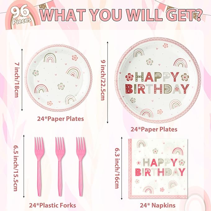 Pink Boho Rainbow Happy Birthday Bohemian Flower Heart Party Plates Supplies - Serves 24-96Pcs Party Tableware Decorations Disposable Paper Plates Napkins Forks for Birthday Baby Shower
