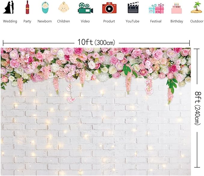 Flower Wall Backdrop Glitter White Brick Wall Mother's Day Flowers Photography Background Mother's Day Wedding Bridal Baby Shower Birthday Party Spring Theme Decor Photo Booth Props (10x8FT)