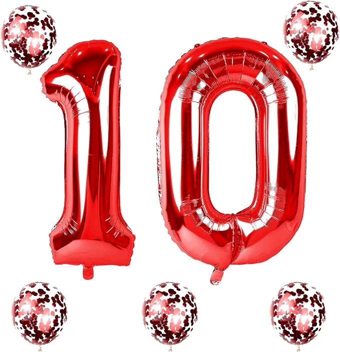 10th Birthday Balloons for Girls Boys, 40 Inch Giant Red Foil Number 10 Balloons with Red Confetti Balloons Kit, Digit 10 Helium Balloons for Men Women 1st 10th Anniversary Party Decorations Supplies