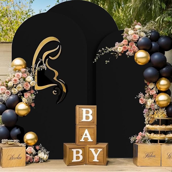 Wedding Arch Cover (7.2FT, 6.6FT, 6FT) Set of 3 Arch Backdrop Spandex Cover for Birthday Party Baby Shower Ceremony Banquet Decoration (Black, 7.2FT,6.6FT,6FT)