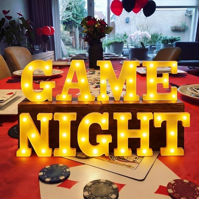 Honoson 9 Pcs Casino Theme Party Decorations Game Night Lights up LED Table Sign Decor for Game Birthday Casino Night Playing Card Family Party Supplies