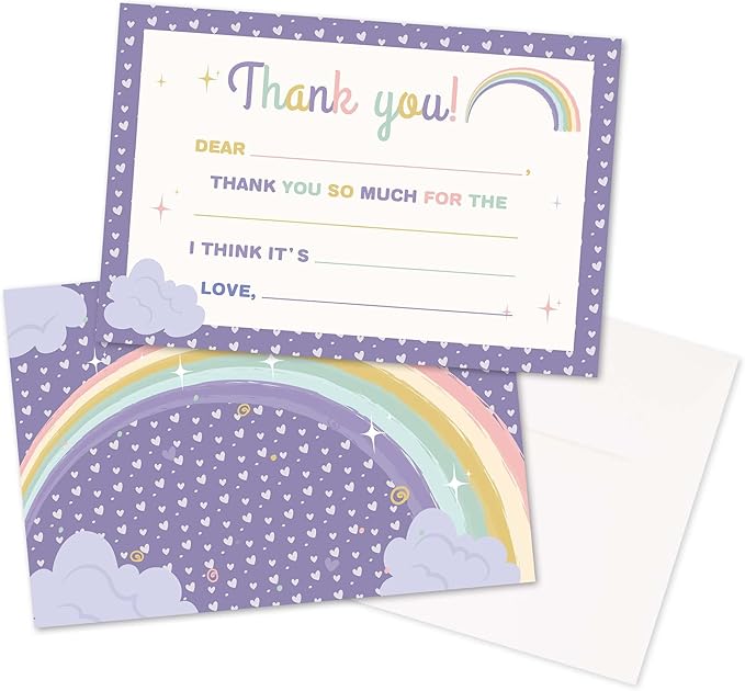 Kids Thank You Cards Fill in the Blank, Boho Rainbow Thank You Notes For Boys Girls, Purple Rainbow Greeting Card, Birthday Party Decorations Favors (20 Cards With 20 Envelopes) -29