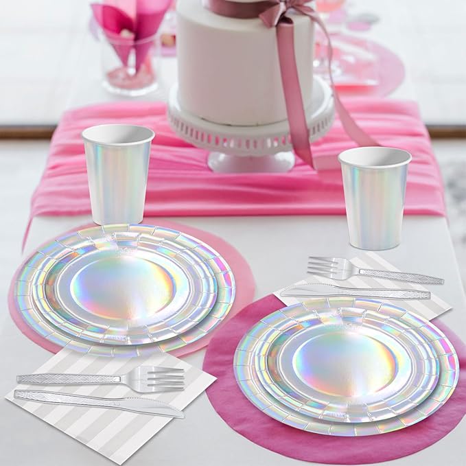 144pcs Iridescent Party Supplies Iridescent Party Tableware Set Serve 24 Guests Includes Holographic Paper Plates Cups Napkins Forks for Baby Shower Mermaid Birthday Party