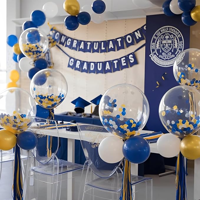 Royal Blue and Gold Balloons, 50 Pcs 12 Inch Royal Blue Metallic Gold Whtie Latex Balloons Balloon for Adult Party Graduation Wedding Anniversary Party Decorations